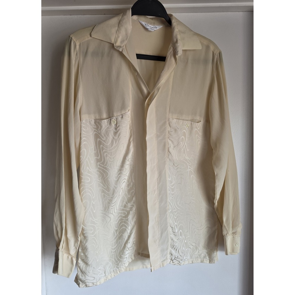Genelli Silk Blouse S Cream Collared Long Sleeve Vintage Top Shirt Swirl